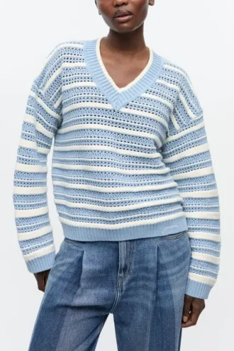 Blue Striped Cotton V-neck Sweater