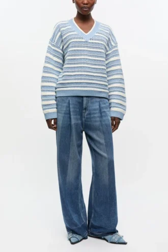 Blue Striped Cotton V-neck Sweater