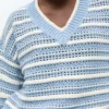 Blue Striped Cotton V-neck Sweater