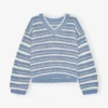 Blue Striped Cotton V-neck Sweater