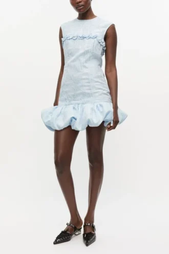 Blue Textured Cloque Corset Mini Dress