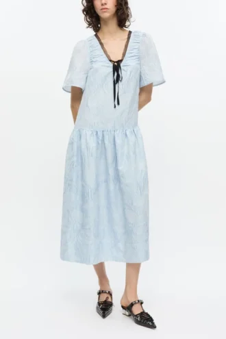 Blue Textured Cloque Midi Dress