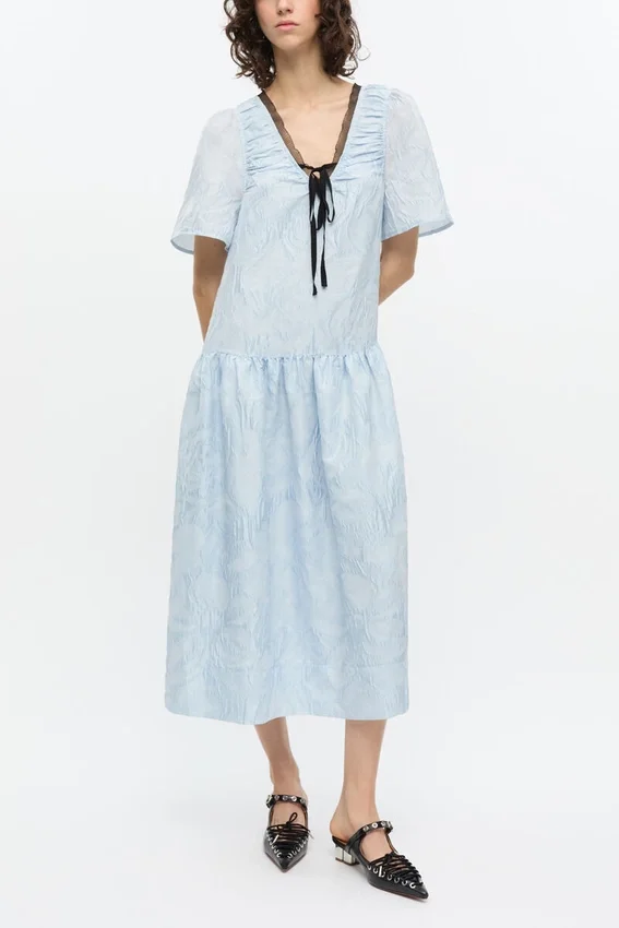Blue Textured Cloque Midi Dress Blue Textured Cloque Midi Dress