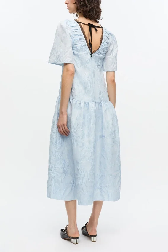 Blue Textured Cloque Midi Dress Blue Textured Cloque Midi Dress