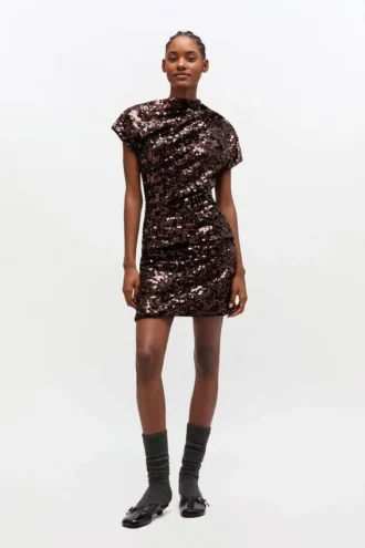 Brown Sequins Mini Dress