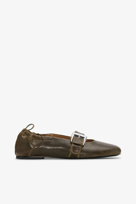Buckle Strap Ballerinas in Dark-Olive Buckle Strap Ballerinas in Dark-Olive