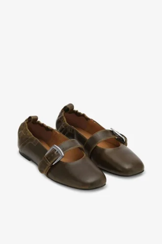 Buckle Strap Ballerinas in Dark-Olive