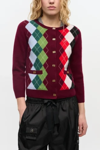 Burgundy Check Cardigan