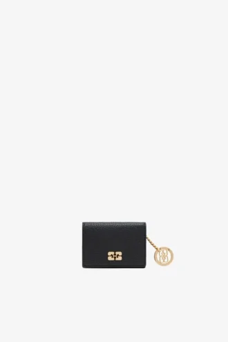 Card Holder With Flap in Grained Black with Gold