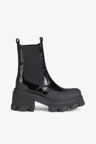 Cleated Heeled Mid Chelsea Boots in Black Naplack