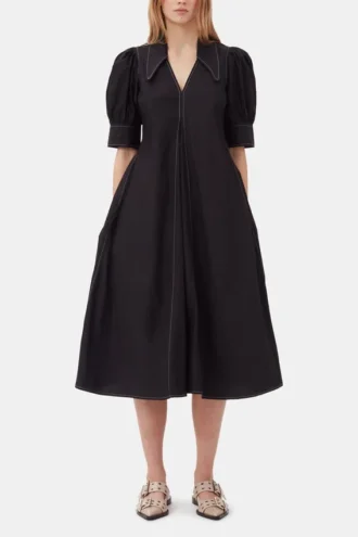 Cotton Poplin V-Neck Midi Dress