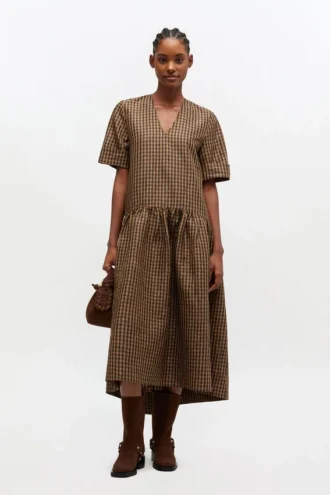 Crinkled Check Long Dress
