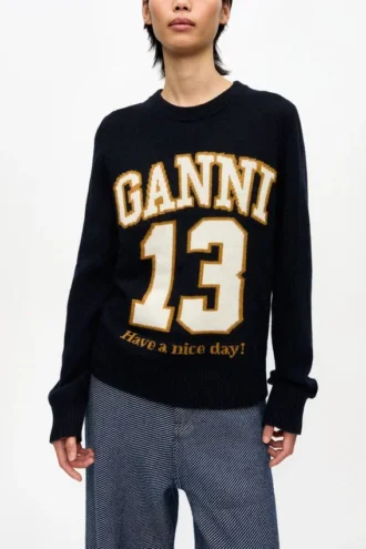 Dark Blue Graphic Wool Mix Baseball Sweater