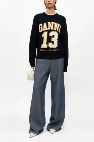Dark Blue Graphic Wool Mix Baseball Sweater