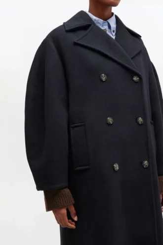 Dark Blue Wool Oversized Long Peacoat
