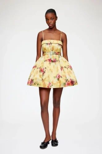 Dress in Yellow Printed Satin