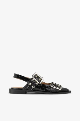 Feminine Buckle Ballerinas in Black Croco Patent