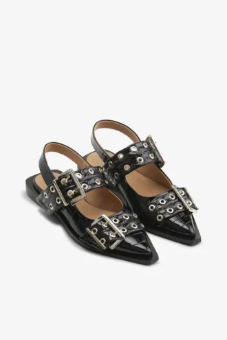Feminine Buckle Ballerinas in Black Croco Patent