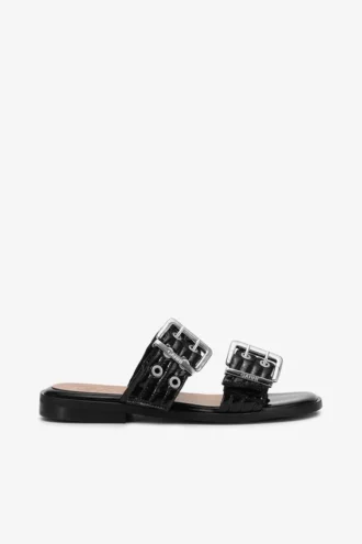 Feminine Buckle Two-Strap Sandals in Black