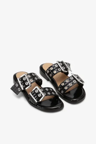 Feminine Buckle Two-Strap Sandals in Black