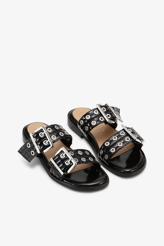 Feminine Buckle Two-Strap Sandals in Black Feminine Buckle Two-Strap Sandals in Black