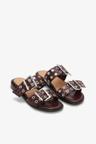 Feminine Buckle Two-Strap Sandals in Burgundy