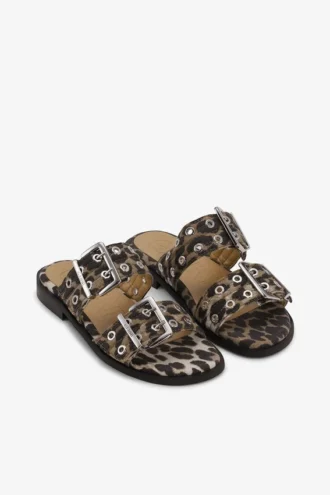 Feminine Buckle Two-Strap Sandals in Leopard Denim