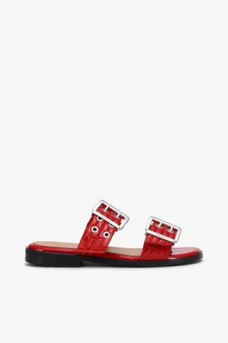 Feminine Buckle Two-Strap Sandals in Red Feminine Buckle Two-Strap Sandals in Red