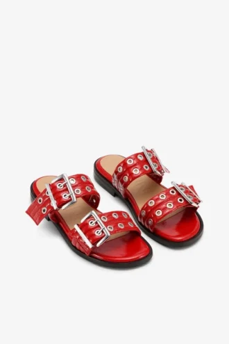 Feminine Buckle Two-Strap Sandals in Red Feminine Buckle Two-Strap Sandals in Red