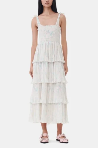 Floral Printed Pleated Georgette Strap Smock Midi Dress