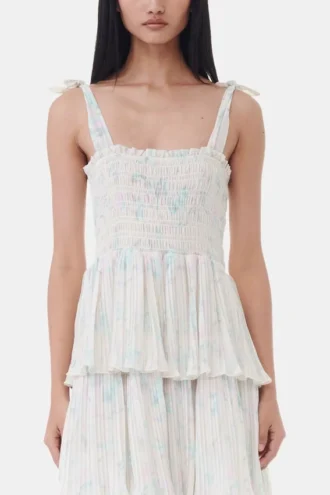 Floral Printed Pleated Georgette Strap Smock Midi Dress