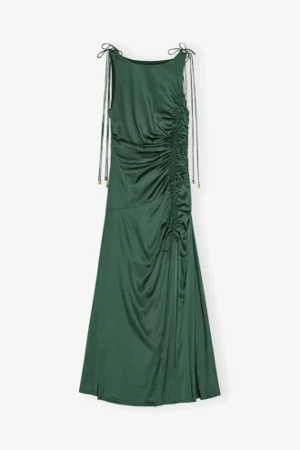 Green Satin Gathered Dress