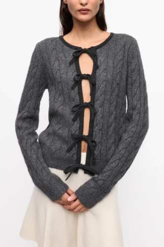 Grey and Black Cashmere Mix Tie String Cardigan