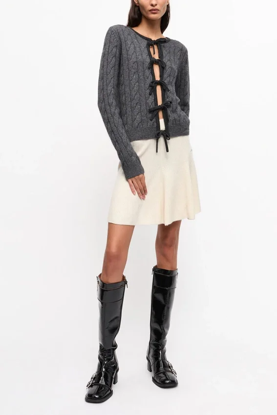 Grey and Black Cashmere Mix Tie String Cardigan Grey and Black Cashmere Mix Tie String Cardigan