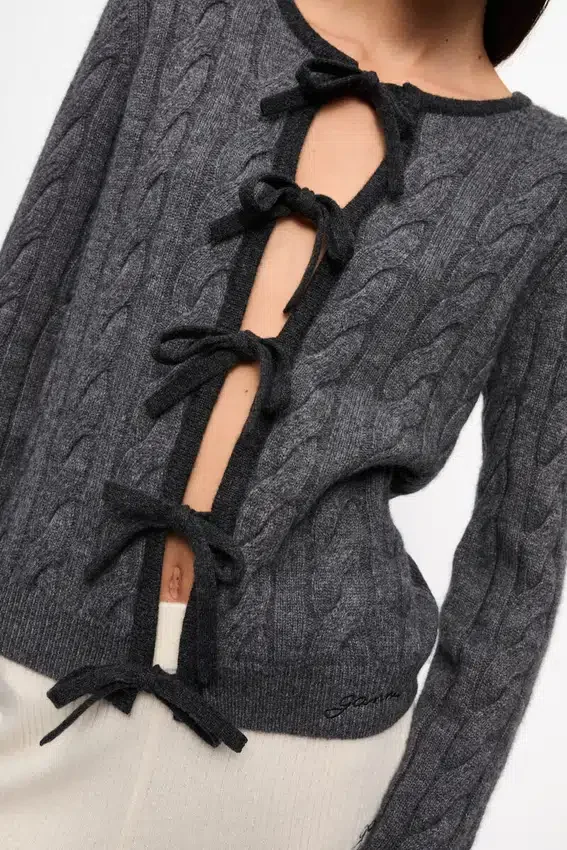 Grey and Black Cashmere Mix Tie String Cardigan Grey and Black Cashmere Mix Tie String Cardigan