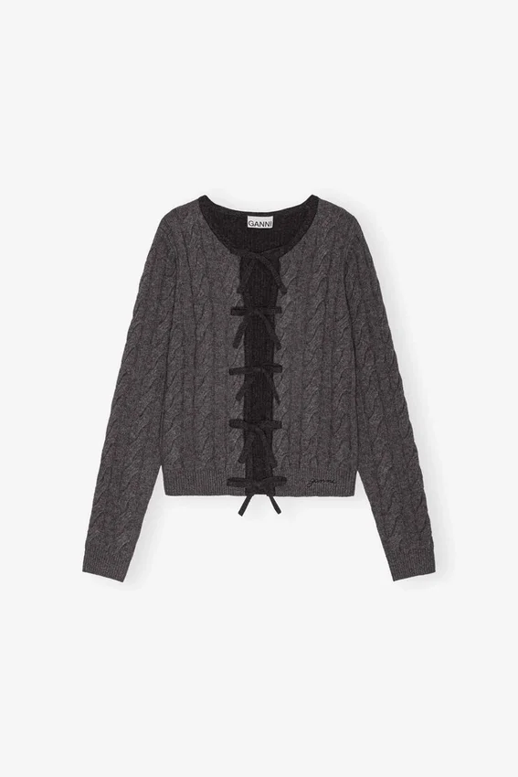 Grey and Black Cashmere Mix Tie String Cardigan Grey and Black Cashmere Mix Tie String Cardigan