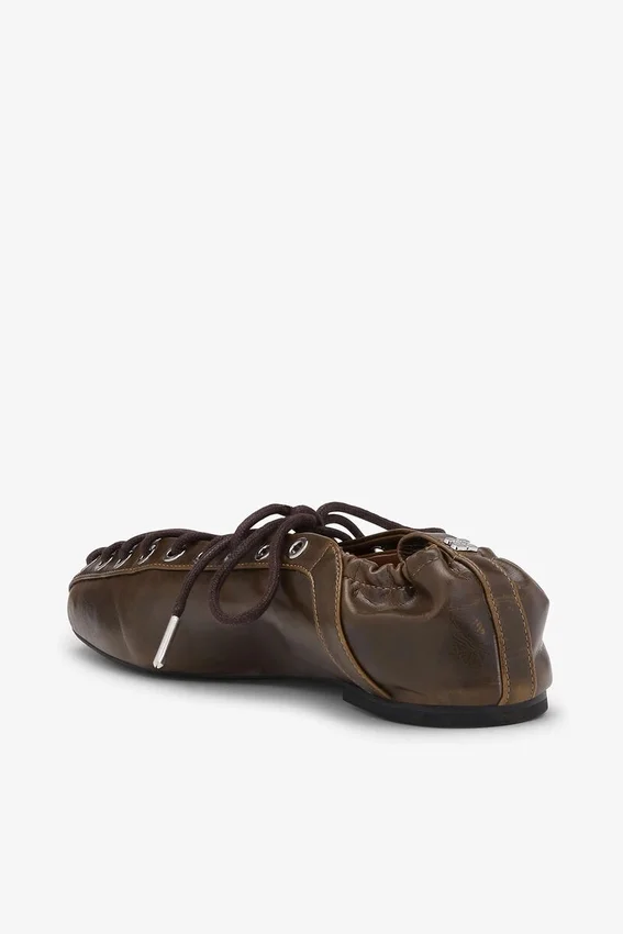 Lace-Up Ballerinas in Dark-Olive Oleatex Lace-Up Ballerinas in Dark-Olive Oleatex