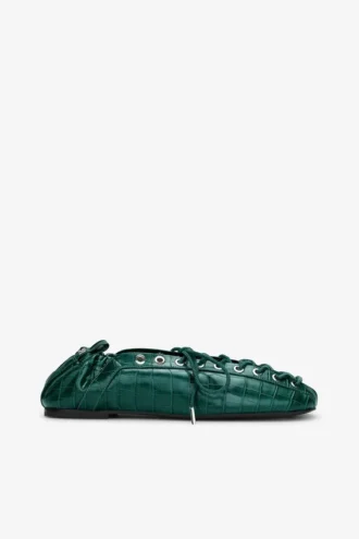 Lace-Up Ballerinas in Green Croco