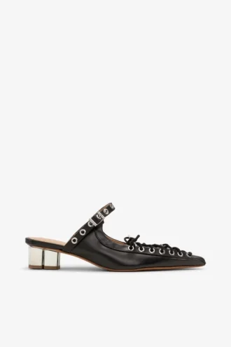 Lace-Up Mules in Black Oleatex