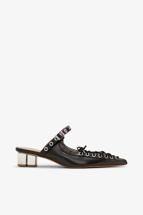 Lace-Up Mules in Black Oleatex Lace-Up Mules in Black Oleatex