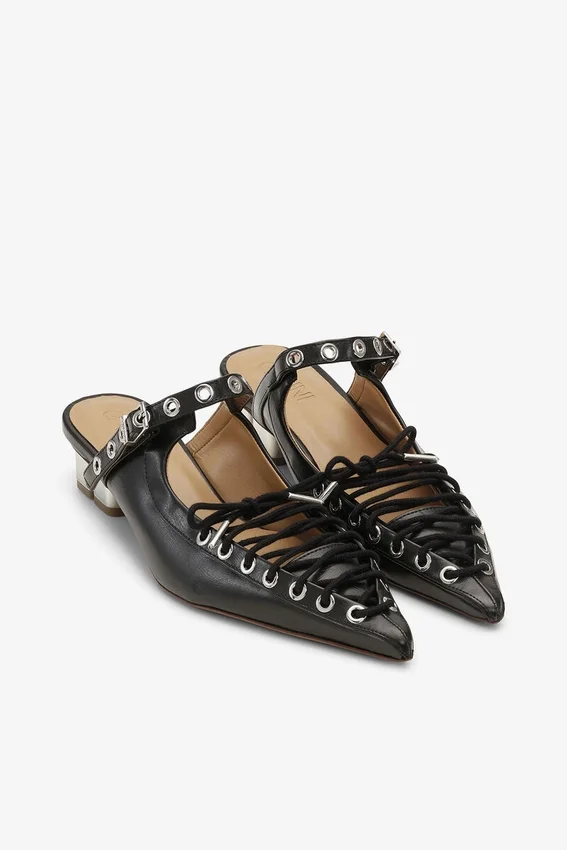 Lace-Up Mules in Black Oleatex Lace-Up Mules in Black Oleatex