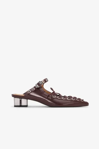 Lace-Up Mules in Brown Oleatex