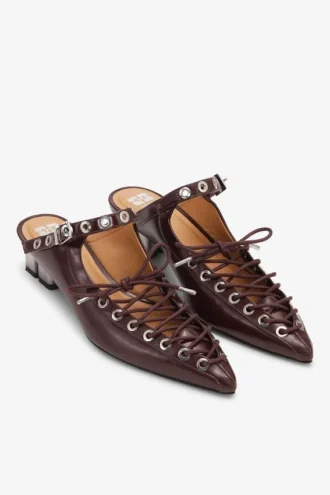 Lace-Up Mules in Brown Oleatex