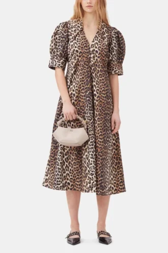 Leopard Cotton Poplin V-neck Maxi Dress