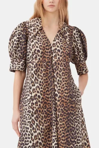 Leopard Cotton Poplin V-neck Maxi Dress