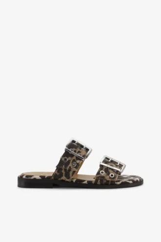 Leopard Denim Feminine Buckle Two-Strap Sandals