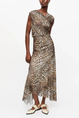 Leopard Marl Mesh Long Ruched Crossover Dress