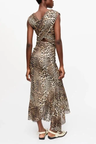 Leopard Marl Mesh Long Ruched Crossover Dress
