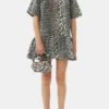 Leopard Open-back Mini Denim Dress Leopard Open-back Mini Denim Dress