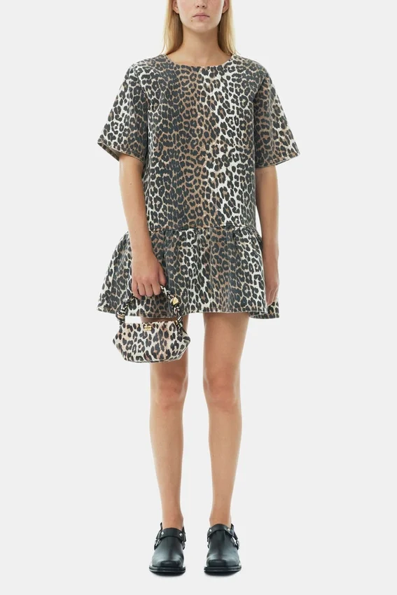 Leopard Open-back Mini Denim Dress Leopard Open-back Mini Denim Dress